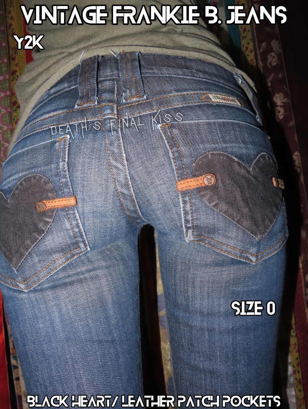 Y2K 🖤 HTF Frankie B. Ultra Low Rise Jeans Black Heart Leather Patched Pockets 0 - Picture 1 of 11